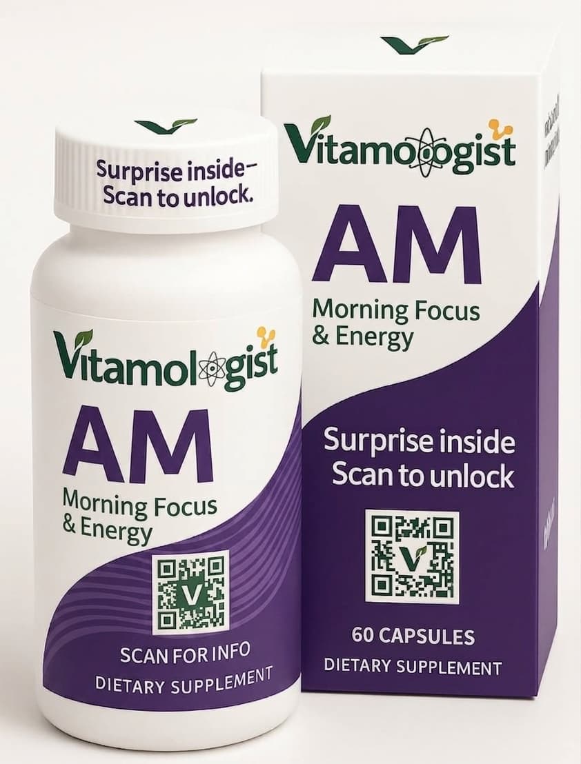 Vitamologist AM — bottle and box mockup