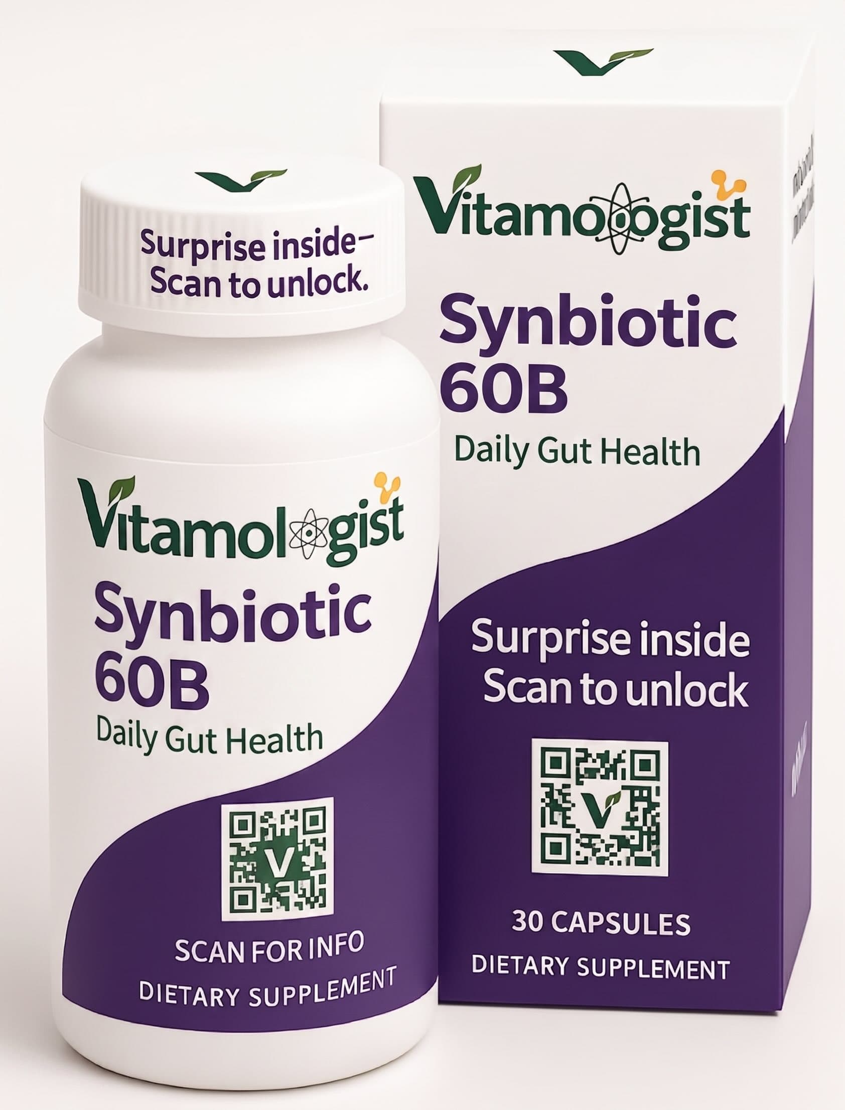 Vitamologist Synbiotic 60B — bottle and box mockup
